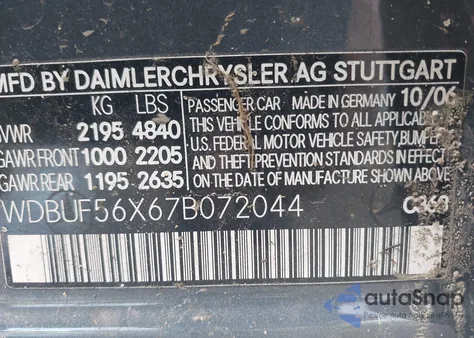 2007 Mercedes-Benz E 350 из США, поврежденный, VIN WDBUF56X67B072044